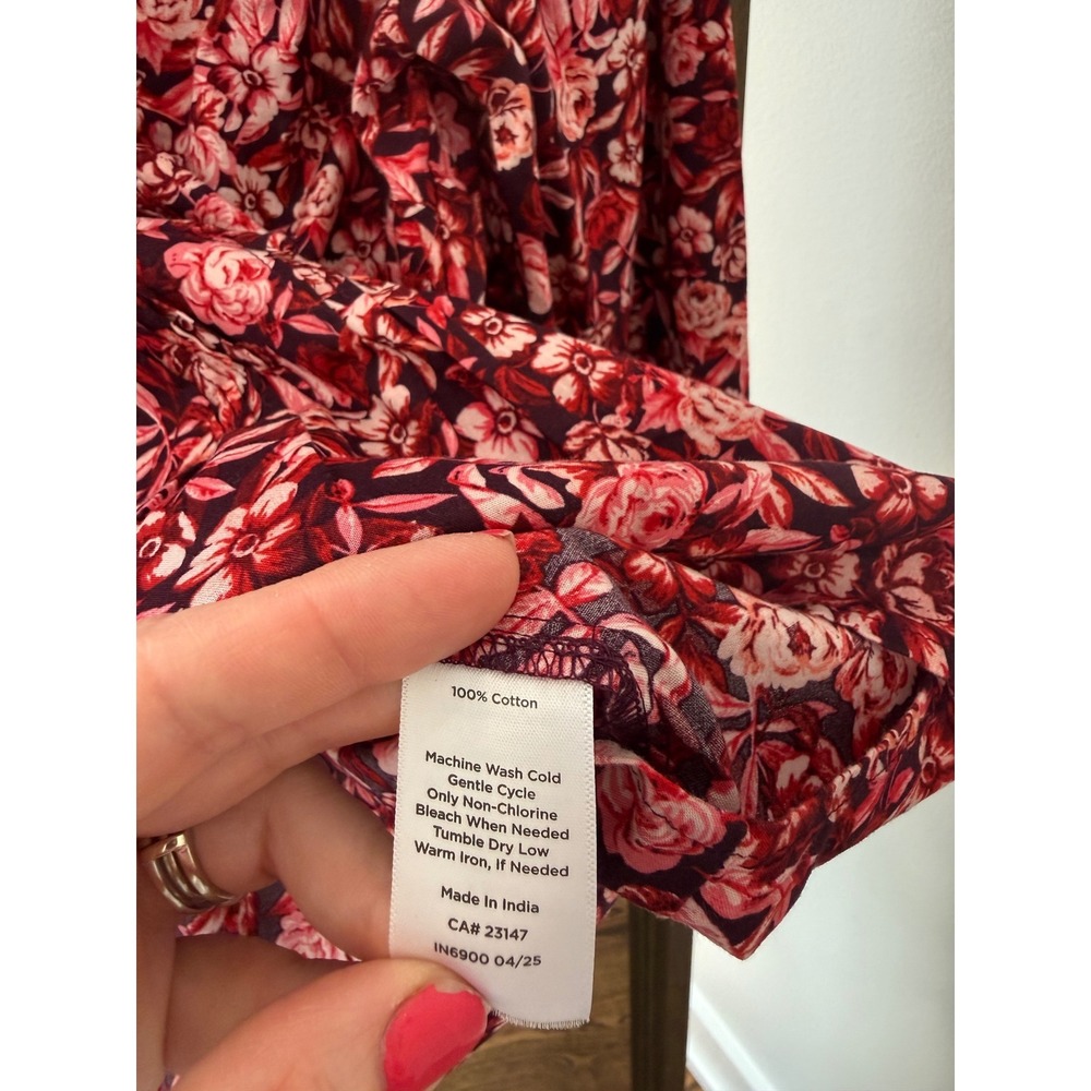 Talbots Petite Red Floral Pintuck Ruffle Tie Neck Cotton Blouse SP Womens - Picture 4 of 8